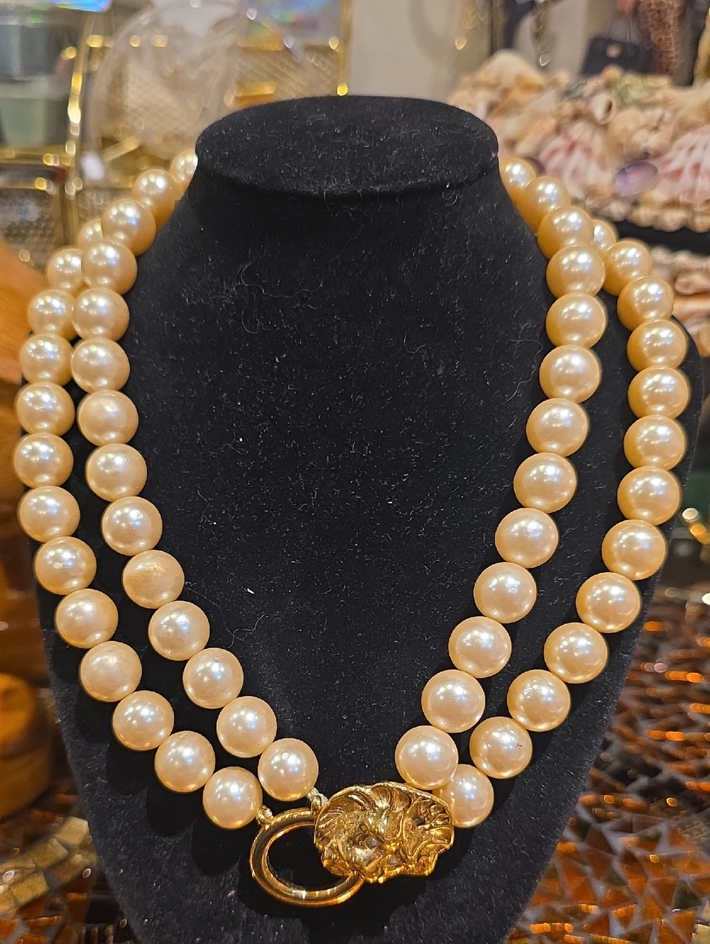 Elegant Double-Strand Cream Pearl Necklace with Gold Lion Clasp